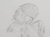 a drawing of a woman in a hat with a flower in her hand