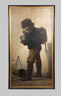 painting of a boy with a backpack and a cat eating from a bowl