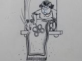 a drawing of a woman sitting on a swing with a cat