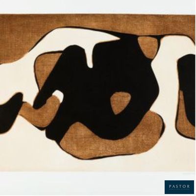 a picture of a black and white painting on a brown and white background