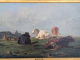 a painting of cows in a field with a castle in the background