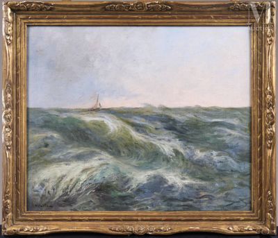 a painting of a sailboat in a rough ocean with waves