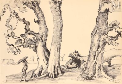 un dessin représentant un homme debout à côté d'un arbre