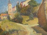 a painting of a dirt road with a church in the background