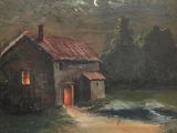 painting of a house in a field with a full moon in the background