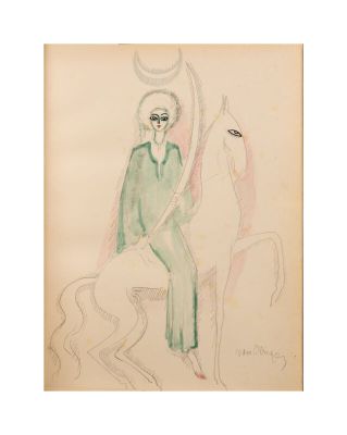 a drawing of a woman sitting on top of a horse