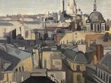a painting of a view of a city from the top of a building