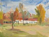 une peinture à l'huile représentant une scène de campagne avec une maison blanche au loin