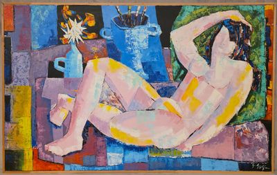une peinture représentant une femme nue assise sur une chaise