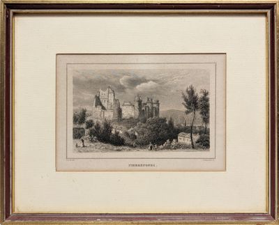 un vieux dessin représentant un château au milieu d'un champ