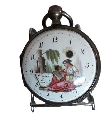 GIRARDIER LAINE. Montre coq en argent, cadran peint.
