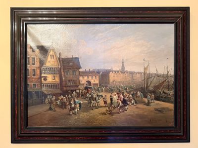 painting of a painting of a city scene with people on the street