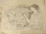 drawing of a woman sitting at a table with a cat in her lap