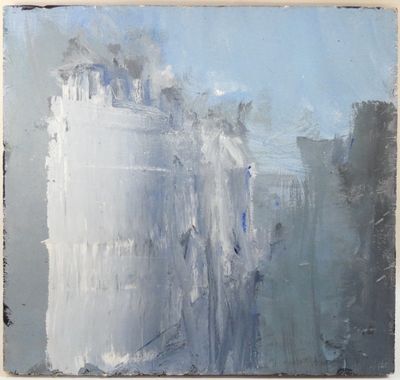 an oil painting of a white castle with a blue sky in the background