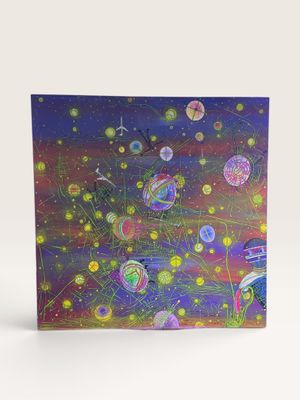 une carte de vœux ornée d'une peinture représentant des planètes et des étoiles dans les tons violet, bleu, jaune et vert