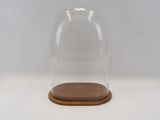 un dôme en verre reposant sur un socle en bois, posé sur une surface blanche