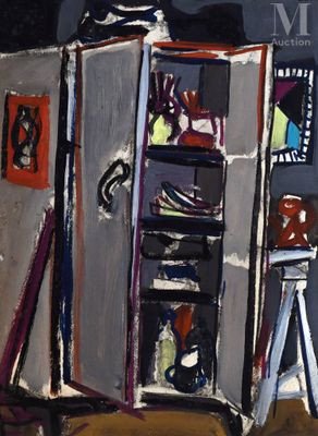 une peinture d'une pièce avec une chaise et une armoire
