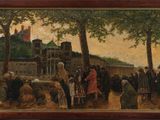 peinture d'un groupe de personnes devant un bâtiment