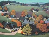 tableau représentant un village en automne, avec des arbres au premier plan et des collines à l'arrière-plan