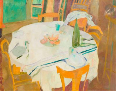 un tableau représentant une table et des chaises dans une pièce