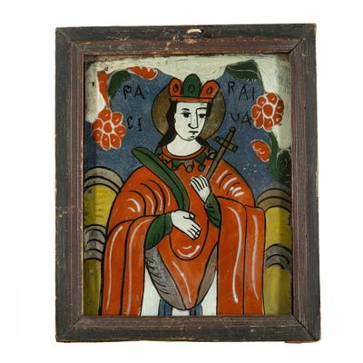 une image représentant un tableau où l'on voit une femme tenant une croix