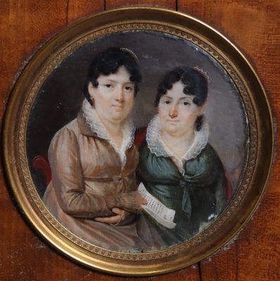painting of two women in green dresses sitting on a wooden table