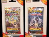 two packs of pokemon trading cards are shown on a black background