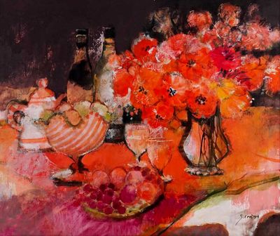 a painting of a vase of flowers and fruit on a table