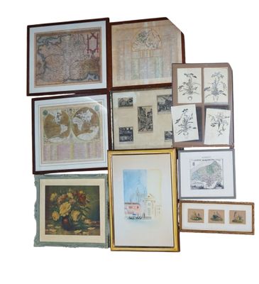 Lot de PIECES encadrées comprenant cartes et gravures. 40 x 50 cm envi