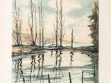 an image of a watercolor painting of a group of people in the water