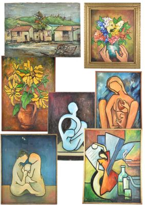 tableau faisant partie d'une série représentant une femme avec un vase de tournesols