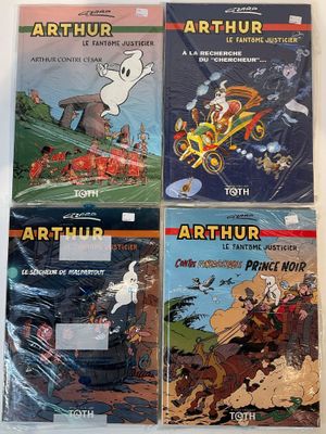 four cartoon books are lined up on a white surface