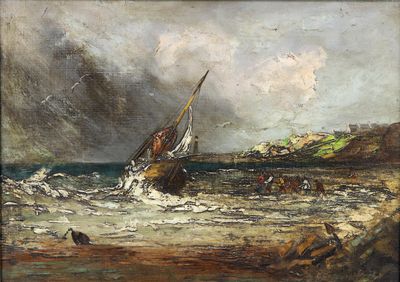 an image of a painting of a boat in rough water