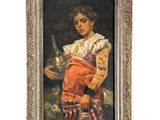 un tableau représentant une femme tenant une bouteille de vin à la main