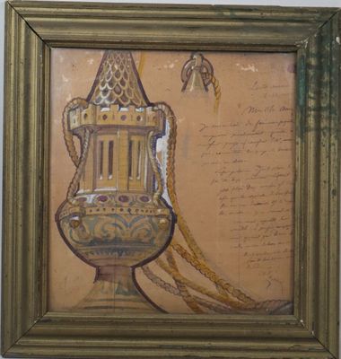 painting of a golden vase with a chain hanging from it ' s side
