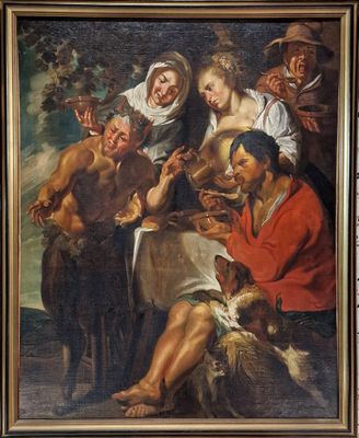 une peinture à l'huile représentant un groupe de personnes assises autour d'une table