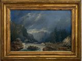 une image d'une peinture représentant une scène de montagne avec une rivière au premier plan