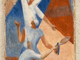 tableau représentant un homme et une femme sur une plage avec un cerf-volant