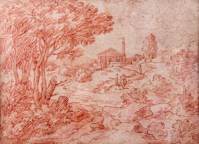 a drawing of a landscape with a church and trees