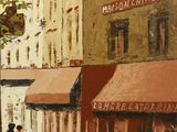 a painting of two people walking down a street