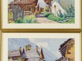 two watercolor paintings of old buildings in a rural setting
