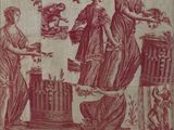 a drawing of a group of women with baskets of flowers