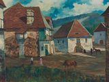 a painting of a town with a horse in the foreground