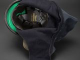 a close up of a pair of shoes with a hood on