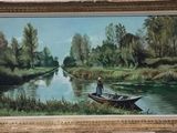 une peinture représentant un homme dans un bateau sur l'eau