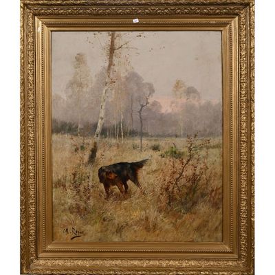 un tableau représentant un chien dans un champ, avec des arbres en arrière-plan