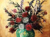a painting of a green vase with flowers in it