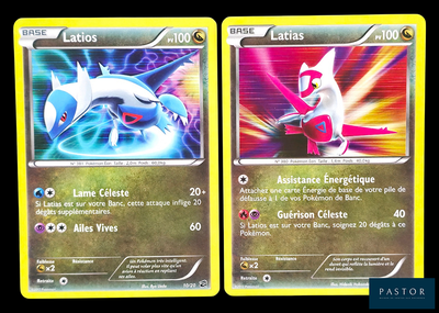 two pokemon cards with different colors and designs on them