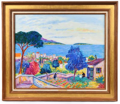 a painting of a view of a village with a lake in the background
