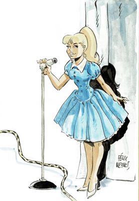 dessin représentant une femme en robe bleue chantant dans un micro